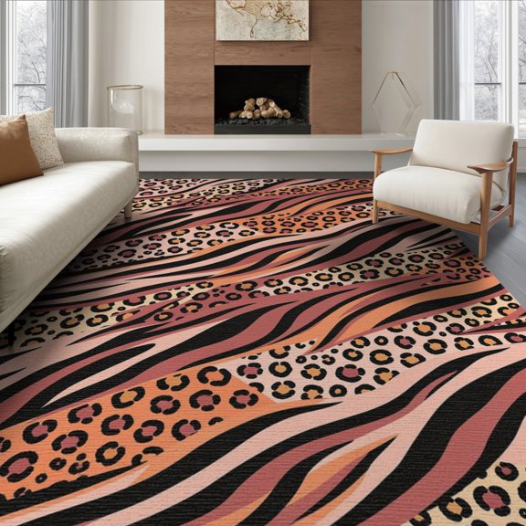 ODIKA Pink Cheetah Print Leopard Rosette Diagonal Layout Zebra Tiger Non-Slip Flatwoven for Living Room, Under Sectional, Family