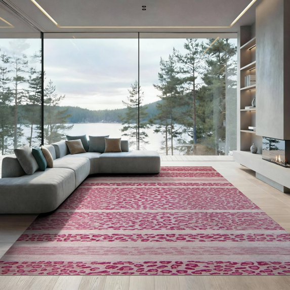 ODIKA Pink Cheetah Print Leopard Spotted Zebra Stripe Tiger Border Low Profile Flatwoven for Great Room, Indoor Open Concept, Large Living