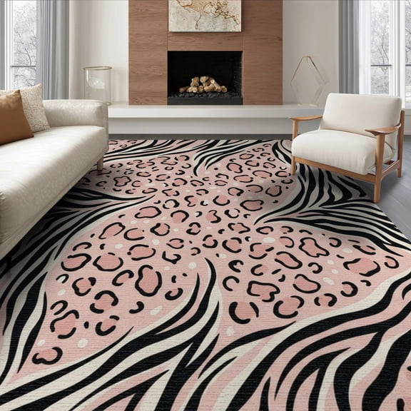 ODIKA Pink Cheetah Print Spotted Center Striped Perimeter Zebra Tiger for Living Room, Under Sectional, Family , Non-Slip Flatwoven