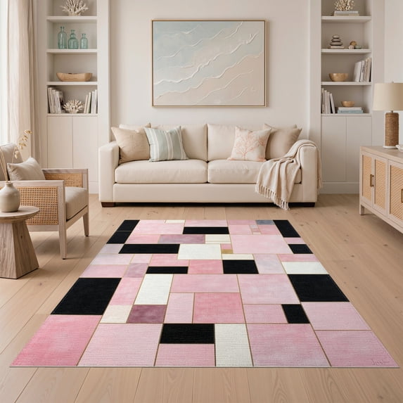 ODIKA Pink Contemporary Geometric Abstract Mosaic Notched Rectangle Easy Care Kids Safe for Small Living Room, Playroom, Bedroom
