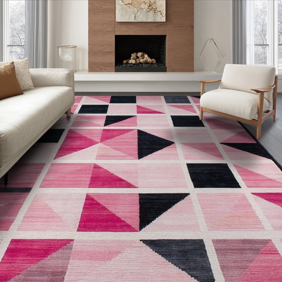 ODIKA Pink Contemporary Geometric Mosaic Interlocking Maze Abstract for Living Room, Under Sectional, Family , Non-Slip Flatwoven
