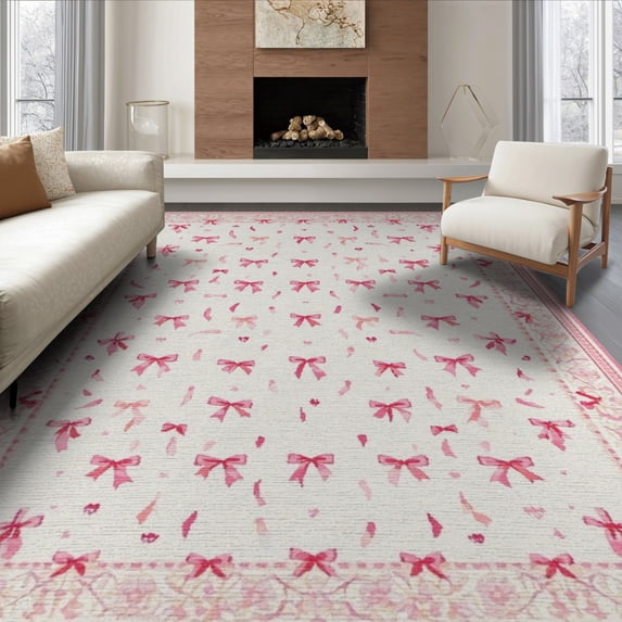 ODIKA Pink Coquette Round Ribbon Motif Boho Scattered Border Seamless Non-Slip Chair-Friendly for Dining Room, Large Office, Lounge