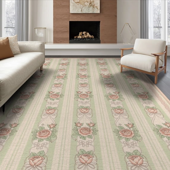 ODIKA Pink Green Alternating Bands With Ribbon Ties And Floral Clusters Non-Slip Flatwoven for Living Room, Under Sectional, Family