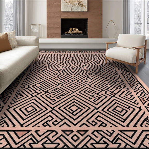 ODIKA Pink Interlocking Angular Labyrinth Motif Symmetrical Contemporary for Dining Room, Large Office, Lounge, Non-Slip Chair-Friendly