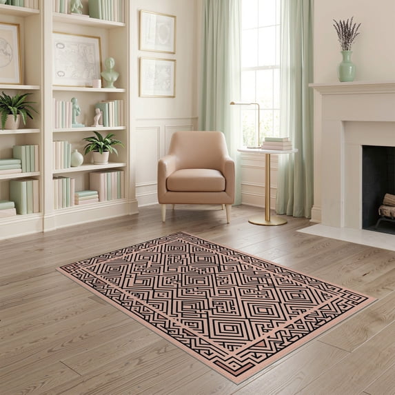 ODIKA Pink Interlocking Angular Labyrinth Motif Symmetrical Contemporary for Dorm Room, Small Living Apartment, Stain Resistant Low Profile