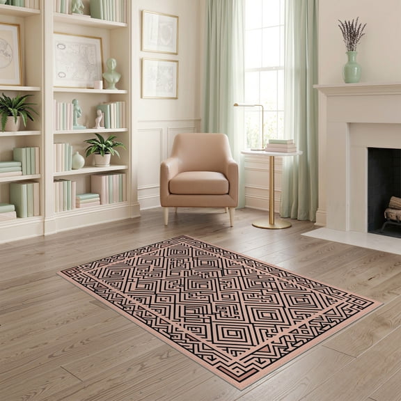 ODIKA Pink Interlocking Angular Labyrinth Motif Symmetrical Contemporary for Dorm Room, Small Living Apartment, Stain Resistant Low Profile