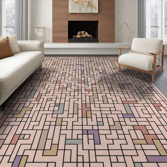 ODIKA Pink Labyrinth Motif Structured Grid Abstract Geometric Contemporary Foldable Easy Care for King Size Bedroom, Master Suite, Under Bed