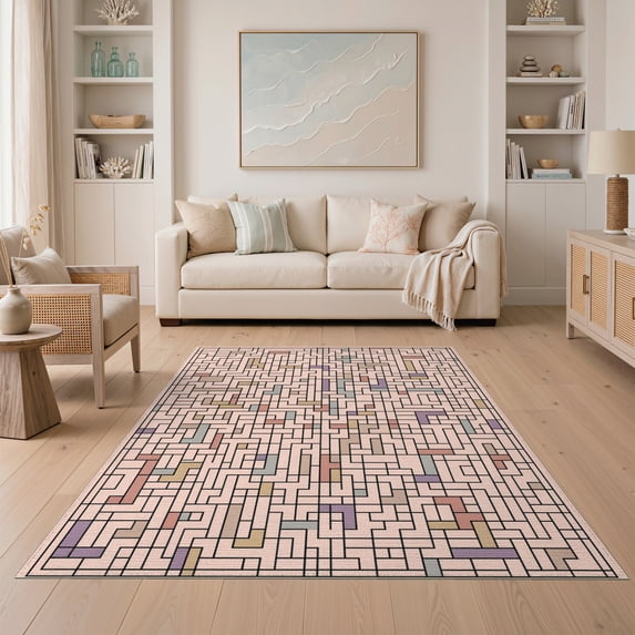 ODIKA Pink Labyrinth Motif Structured Grid Abstract Geometric Contemporary Non-Slip Low Profile for Guest Room, Lounge, Apartment