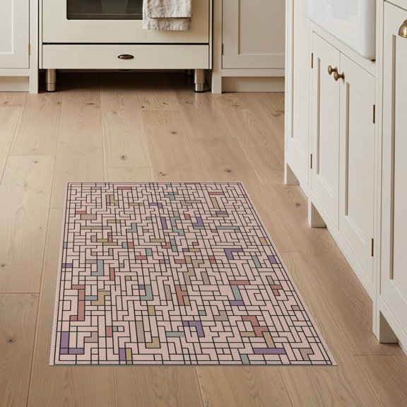 ODIKA Pink Labyrinth Motif Structured Grid Abstract Geometric Contemporary for Entryway, Kitchen, Mudroom, Stain Resistant Flatwoven