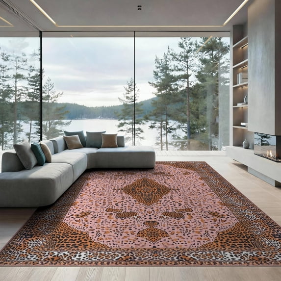 ODIKA Pink Leopard Cheetah Print Spotted Centered Motif Zebra Decoration for Great Room, Indoor Open Concept, Large Living Low Profile Flatwoven