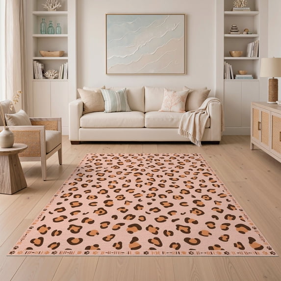 ODIKA Pink Leopard Cheetah Spotted Rosette Wildlife Theme Statement for Guest Room, Lounge, Apartment, Non-Slip Low Profile