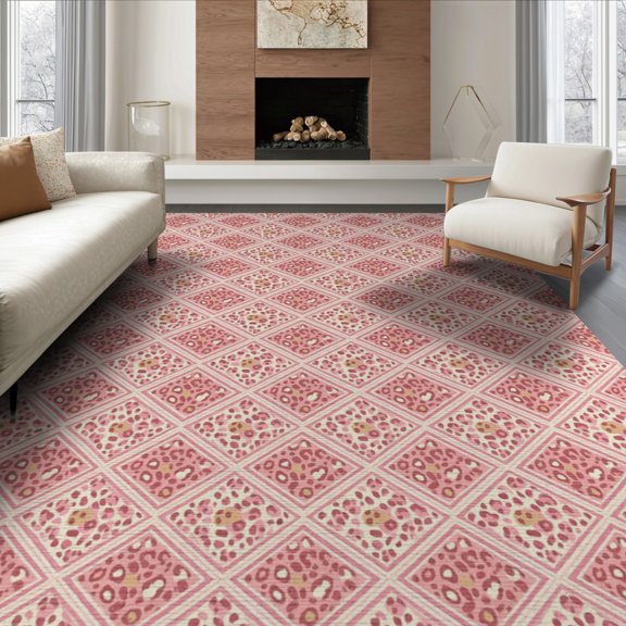 ODIKA 6'x9' Washable Area Rug Pink Leopard Print Geometric Spotted Motif Border Layout Covering for Family Room, Living Room, Master Bedroom, Non-Slip, Easy Care