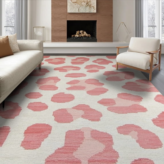 ODIKA Pink Leopard Print Spotted Abstract Inspired Motif Border Cheetah Non-Slip Flatwoven for Living Room, Under Sectional, Family