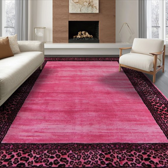ODIKA Pink Leopard Print Spotted Bordered Glam Rosette Abstract Inspired Non-Slip Flatwoven for Living Room, Under Sectional, Family