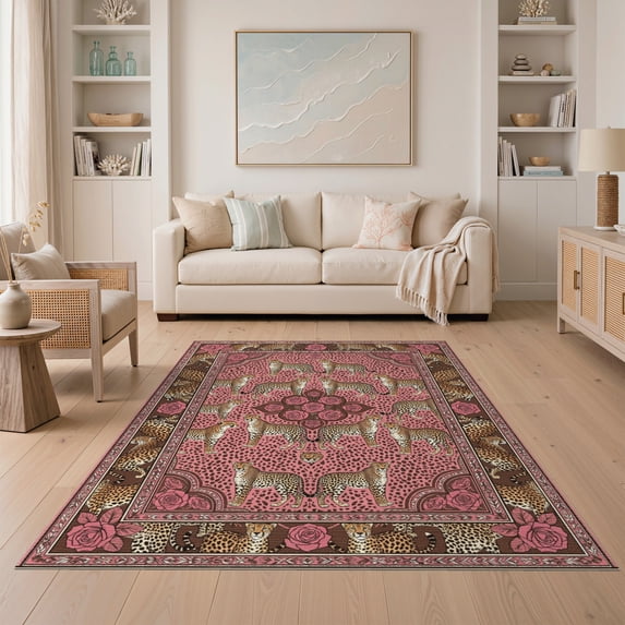 ODIKA Pink Leopard Spotted Motif Border Glam Wildlife Cheetah Print for Guest Room, Lounge, Apartment, Non-Slip Low Profile