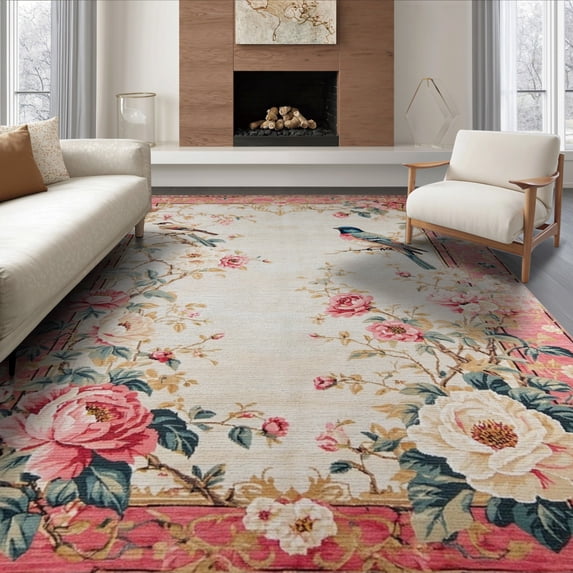ODIKA Pink Mirrored Boho Bird Distressed Border Vintage Extra Large for Queen Size Bedroom, Under Bed, Master Suite, Foldable Easy Care