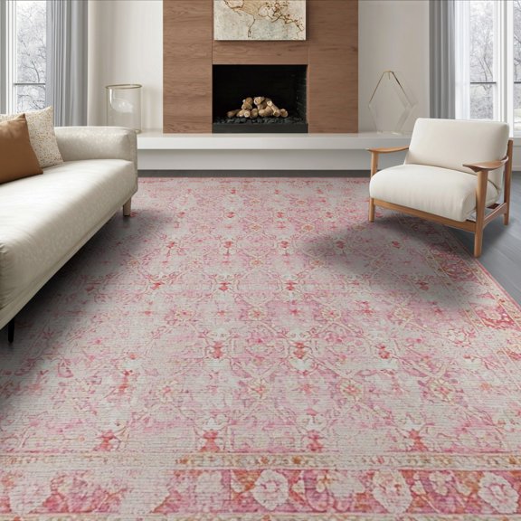 ODIKA Pink Pale Dusty Boho Lattice Distressed Border Burgundy Mauve for Living Room, Under Sectional, Family , Non-Slip Flatwoven