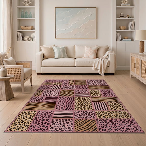 ODIKA Pink Print Cheetah Geometric Blocks Mixed Zebra Tiger Leopard for Small Living Room, Playroom, Bedroom, Easy Care Kids Safe
