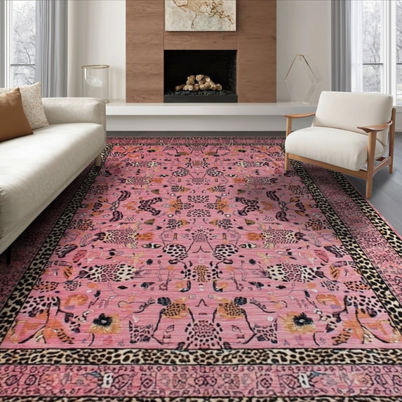 ODIKA Pink Print Leopard Boho Cheetah Spotted Flannel Motif Abstract for Dining Room, Under Table, Office, Non-Slip Chair-Friendly Floor