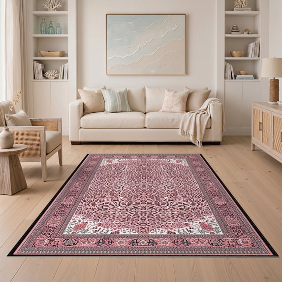 ODIKA Pink Print Leopard Cheetah Spotted Border Flannel Boho Motif Non-Slip Low Profile for Guest Room, Lounge, Apartment