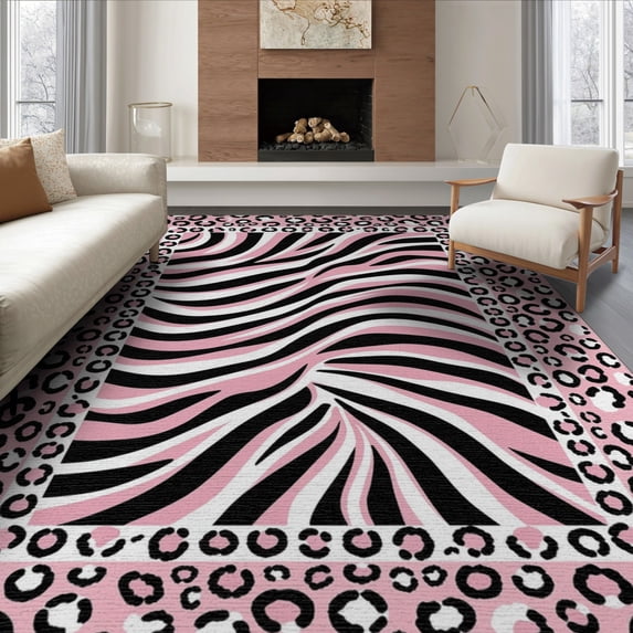 ODIKA Pink Stripe Leopard Cheetah Spotted Border Print Mixed Zebra Flowing Dynamic Foldable Easy Care for Queen Size Bedroom, Under Bed, Master
