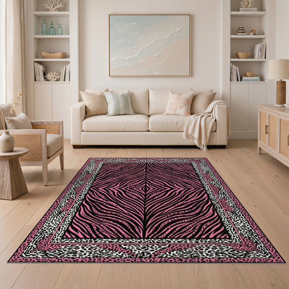 ODIKA Pink Stripe Spotted Print Border Mixed Bold Striped Zebra Leopard Refined for Dining Room, Under Table, Home Office, Non-Slip Chair-Friendly