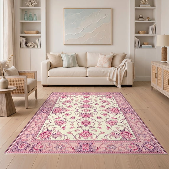 ODIKA Pink Vintage Damask Trellis Ornate Climbing Motif Distressed for Guest Room, Lounge, Apartment, Non-Slip Low Profile