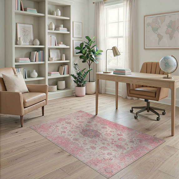 ODIKA 4'x6' Washable Area Rug Stain Resistant, Low Pile, Easy Care Pink Vintage Ornate Distressed Decorative Tug Rig Girly for Dorm Room, Small Living Room