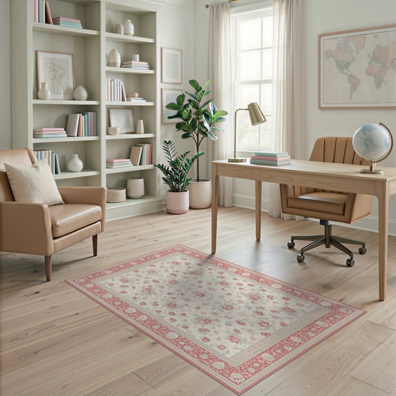 ODIKA 4'x6' Washable Area Rug Pink Vintage Throw Patchwork Squares Motif Dusty Blush Variegated for Home Office, Under Desk, Non-Slip Chair-Friendly, Flatwoven