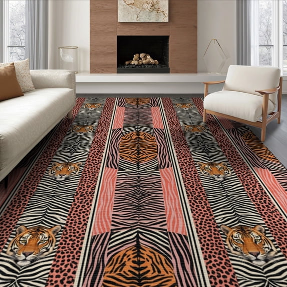 ODIKA Pink Wildlife Cheetah Motif Paneled Tiger Zebra Leopard Print for Dining Room, Under Table, Office, Non-Slip Chair-Friendly Floor