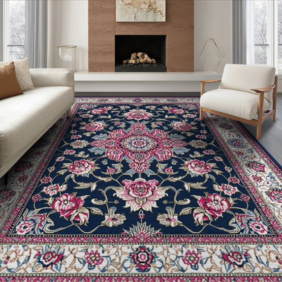 ODIKA Pink Wool Ornate Scroll Border Traditional Vintage Maximalist for Queen Size Bedroom, Under Bed, Master Suite, Foldable Easy Care