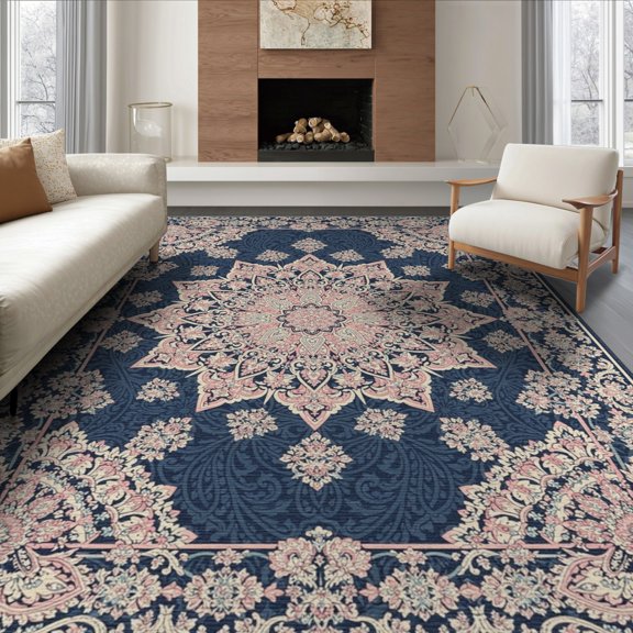ODIKA Pink Wool Ornate Vintage Vine Interlocking Symmetrical Maximalist Non-Slip Flatwoven for Living Room, Under Sectional, Family
