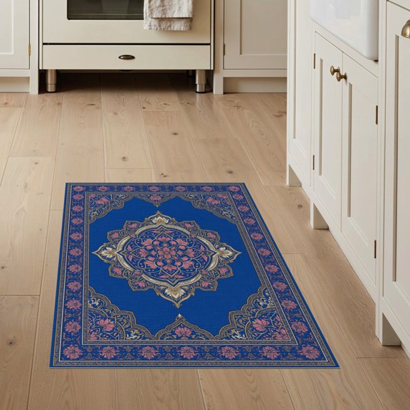 ODIKA Pink Wool Vintage Flourish Rosette Decorative Repeating Maximalist for Entryway, Kitchen, Mudroom, Stain Resistant Flatwoven
