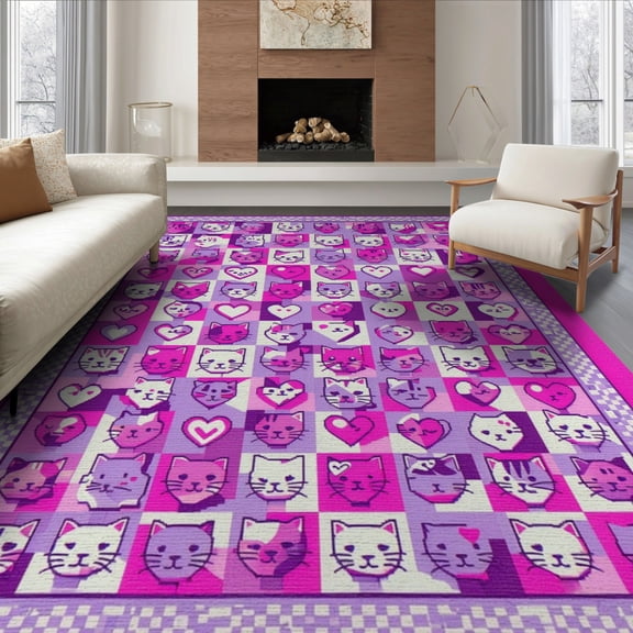 ODIKA Pixel Cat Cartoon Kitten Mosaic With Cute Heart Checkerboard Non-Slip Chair-Friendly for Dining Room, Large Office, Lounge