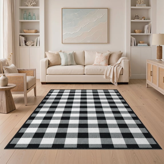 ODIKA Plaid Fabric Farmhouse Gingham Border Bathroom Checked Checkered Non-Slip Low Profile for Guest Room, Lounge, Apartment