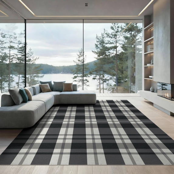 ODIKA Plaid Fabric Overlapping Framework Traditional Bathroom Checked for Great Room, Indoor Open Concept, Large Living Low Profile Flatwoven