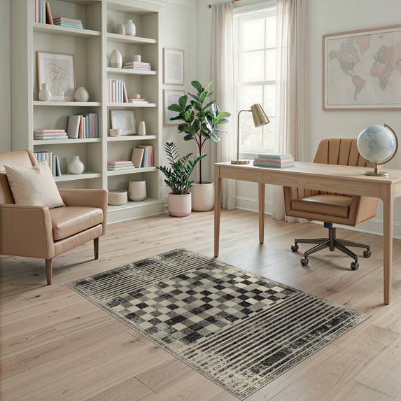 ODIKA Plaid Faded Monochrome Striped Checkered Detail Fireplace Border Stain Resistant Low Profile for Dorm Room, Small Living Apartment