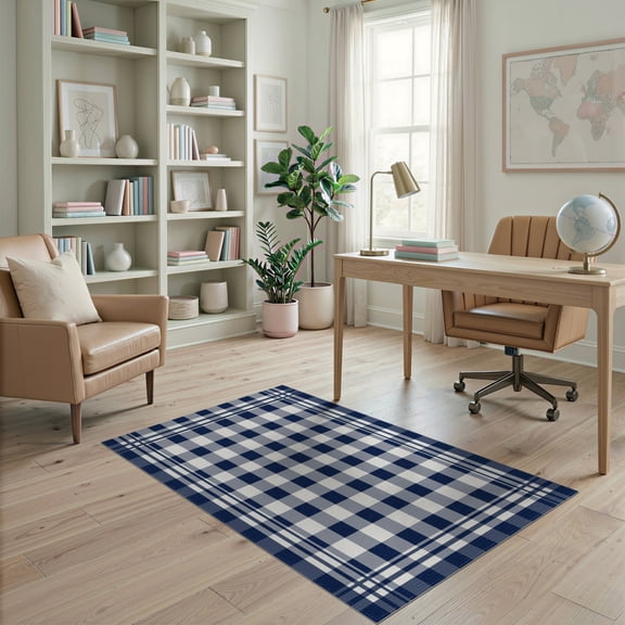 ODIKA Plaid Traditional Front Gingham Structured Border Layering Checkered for Home Office, Gaming Room, Under Desk, Non-Slip Chair-Friendly