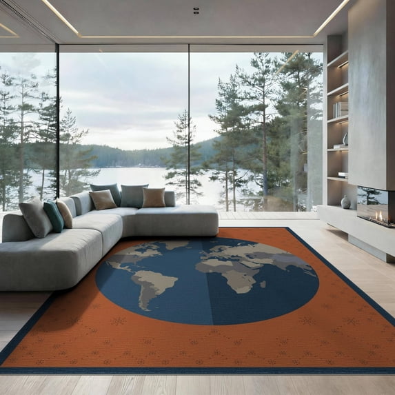 ODIKA Planet Globe With Bold Continents And Starry Border Earth World Map Playful Low Profile Flatwoven for Great Room, Indoor Open Concept, Large Living