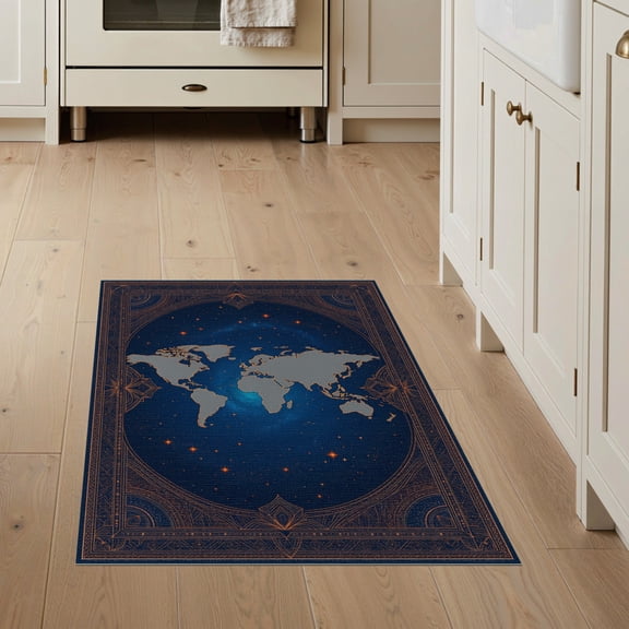ODIKA Planetary Galaxy Continent Motif Circles Continents Round Map Refined for Entryway, Kitchen, Mudroom, Stain Resistant Flatwoven