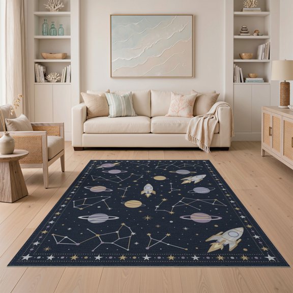 ODIKA Playroom Educational Featuring Stars Planets Spacecraft Science Non-Slip Chair-Friendly for Dining Room, Under Table, Home Office