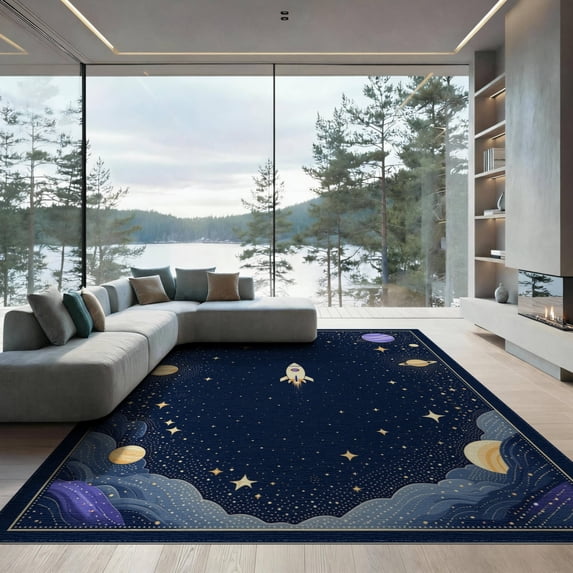 ODIKA Playroom Science Theme Galaxy Constellation Rocket Ship Motif Low Profile Flatwoven for Great Room, Indoor Open Concept, Large Living