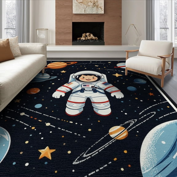 ODIKA Playroom Ship Astronaut Galaxy Chart Science Theme Classroom for Living Room, Under Sectional, Family , Non-Slip Flatwoven