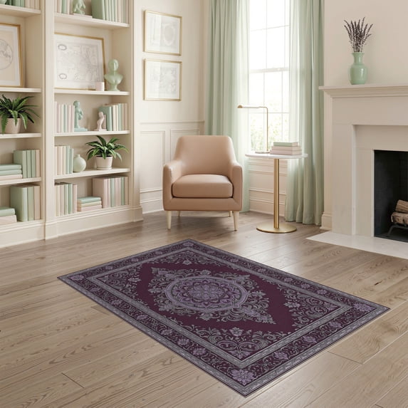 ODIKA Plum Distressed Scroll Border Pink Mauve Boho Purple Vintage Refined Structured Stain Resistant Low Profile for Dorm Room, Small Living Apartment
