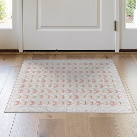 ODIKA Plush Fairytale Pink Turret Motif Interlocking Hex Grid Fuzzy for Entryway, Kitchen, Laundry Room, Stain Resistant Thin Throw
