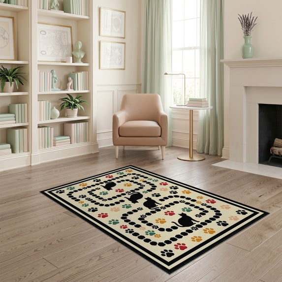 ODIKA Print Bordered Feline Motif Symmetrical Track Whimsical Round Flowing Dynamic for Dorm Room, Small Living Apartment, Stain Resistant Low Profile