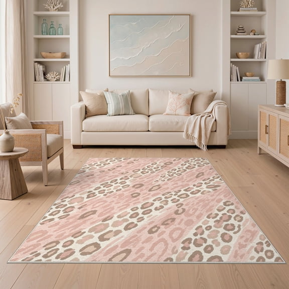 ODIKA Print Leopard Spotted Abstract Mood Border Cheetah Inspired Pink Flowing Dynamic Non-Slip Low Profile for Guest Room, Lounge, Apartment
