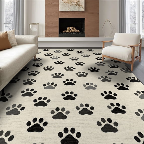 ODIKA Print Scattered Kitten Footprints Border Whimsical Tracks Round Flowing Dynamic for Queen Size Bedroom, Under Bed, Master Suite, Foldable Easy Care