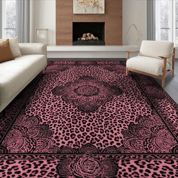 ODIKA Print Spotted Bordered Glam Rosette Abstract Inspired Pink Leopard Refined Foldable Easy Care for King Size Bedroom, Master Suite, Under Bed
