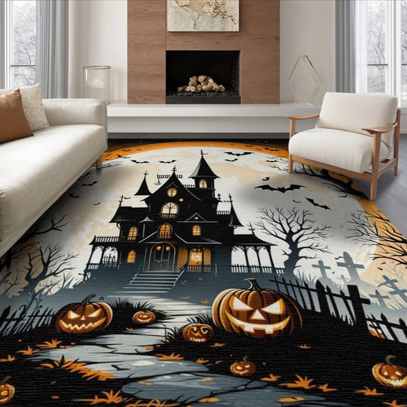 ODIKA Pumpkin Bat Halloween Haunted Gothic Border Spooky Motif Skull Foldable Easy Care for Queen Size Bedroom, Under Bed, Master